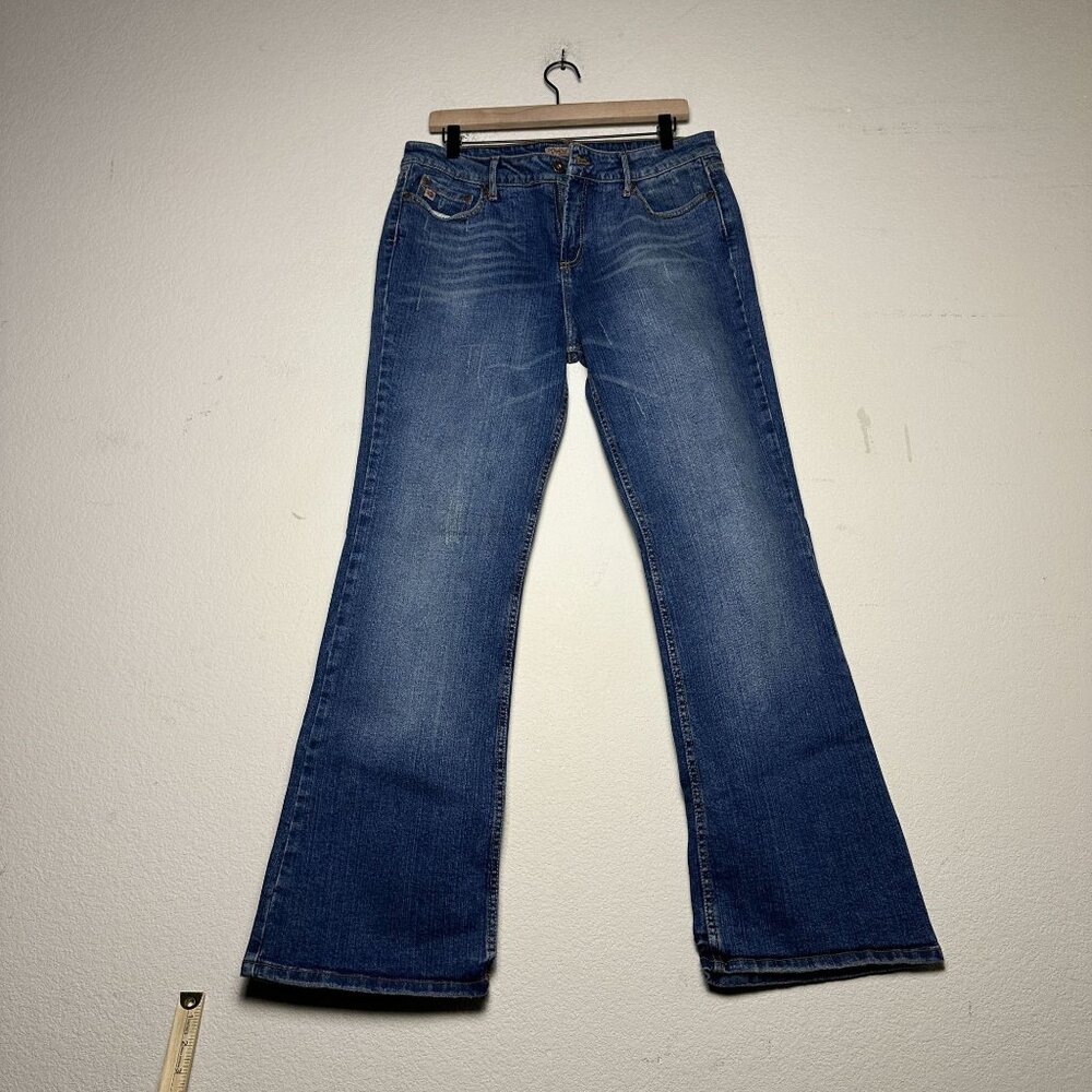 VTG Paris Blue Women 15 Flared Distressed Blue Denim Jean Pant Bootcut Bell Y2K